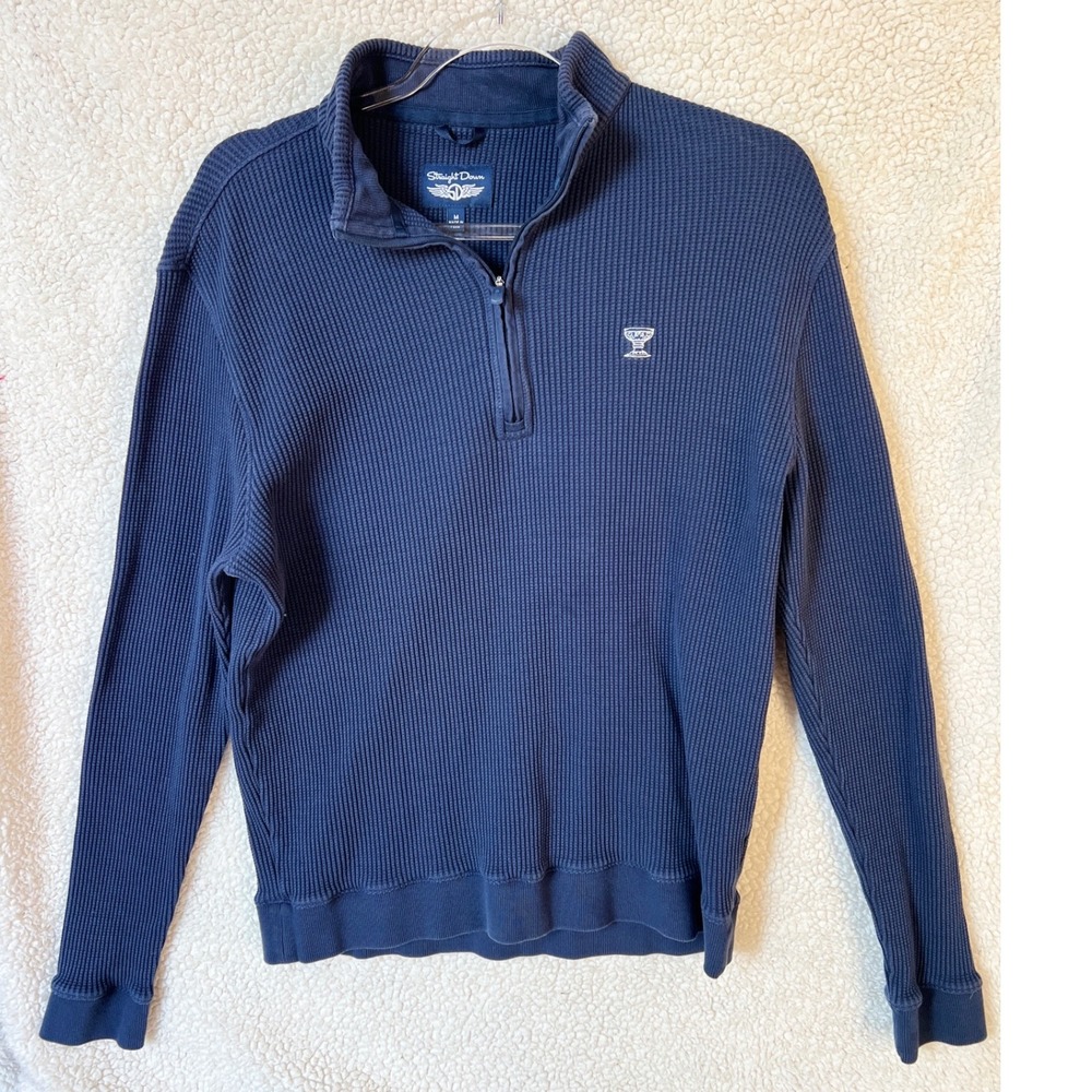 Straight Down Mens Navy Blue Waffle Knit Quarter Zip Pullover Silverleaf Logo M